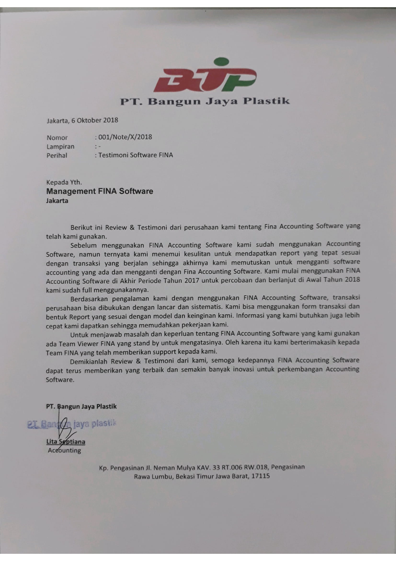 Testimoni FINA Software Akuntansi dari Lita Septiana selaku Accounting Division PT. Bangun Jaya Plastik