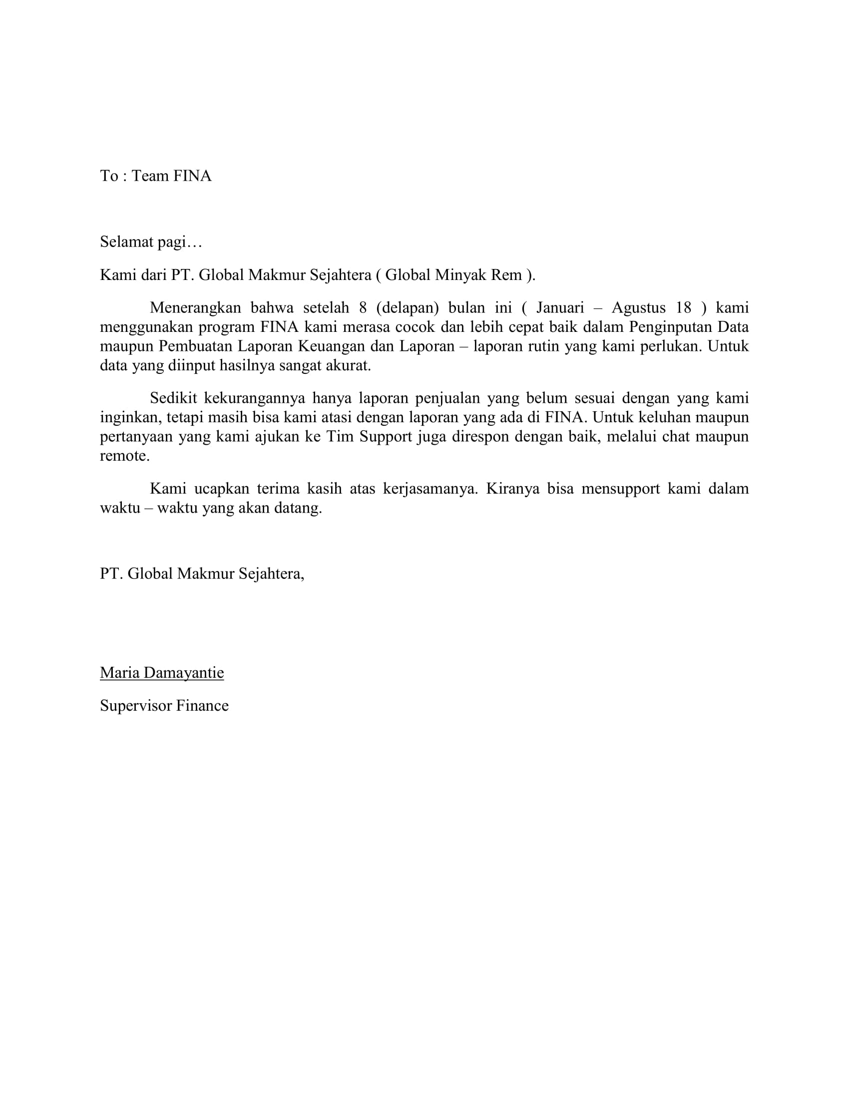 Testimoni FINA Software Akuntansi yang dibuat oleh Maria Damayantie dari PT. Global Makmur Sejahtera