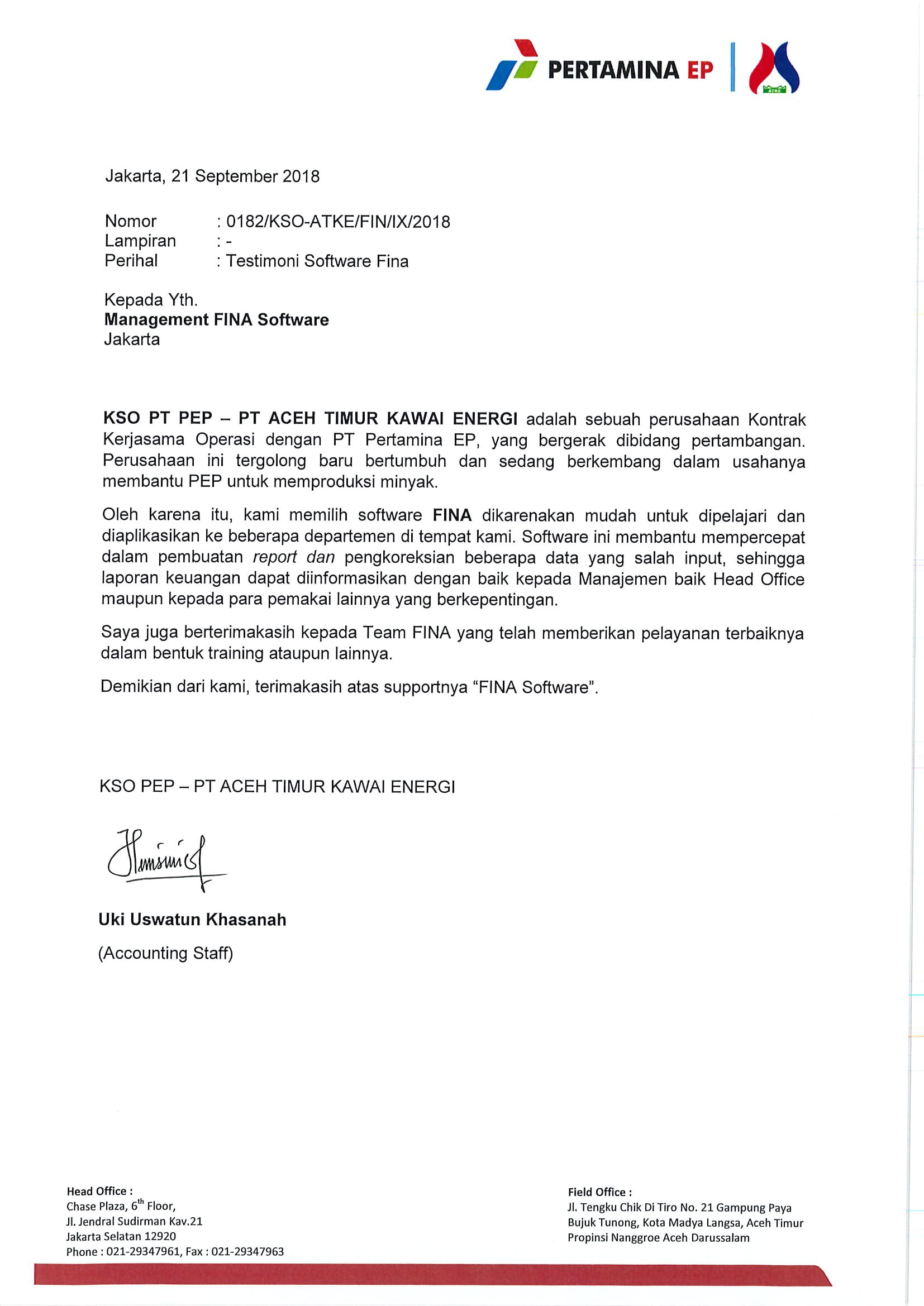PT. Aceh Timur Kawai Energi 1 Testimoni FINA Software Akuntansi dari Uki Uswatun Khasanah selaku Accounting Staff di PT. Aceh Timur Kawai Energi