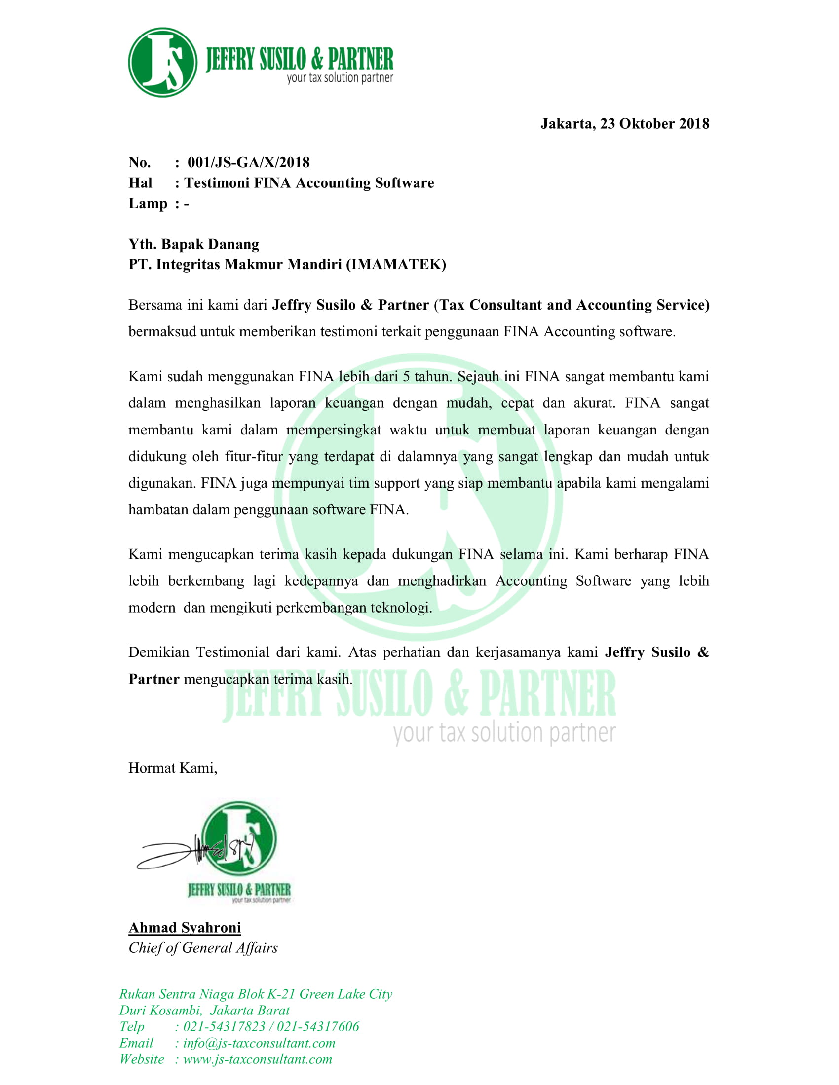 Testimoni  FINA Software Akuntansi dari Jeffry Susilo & Partner
