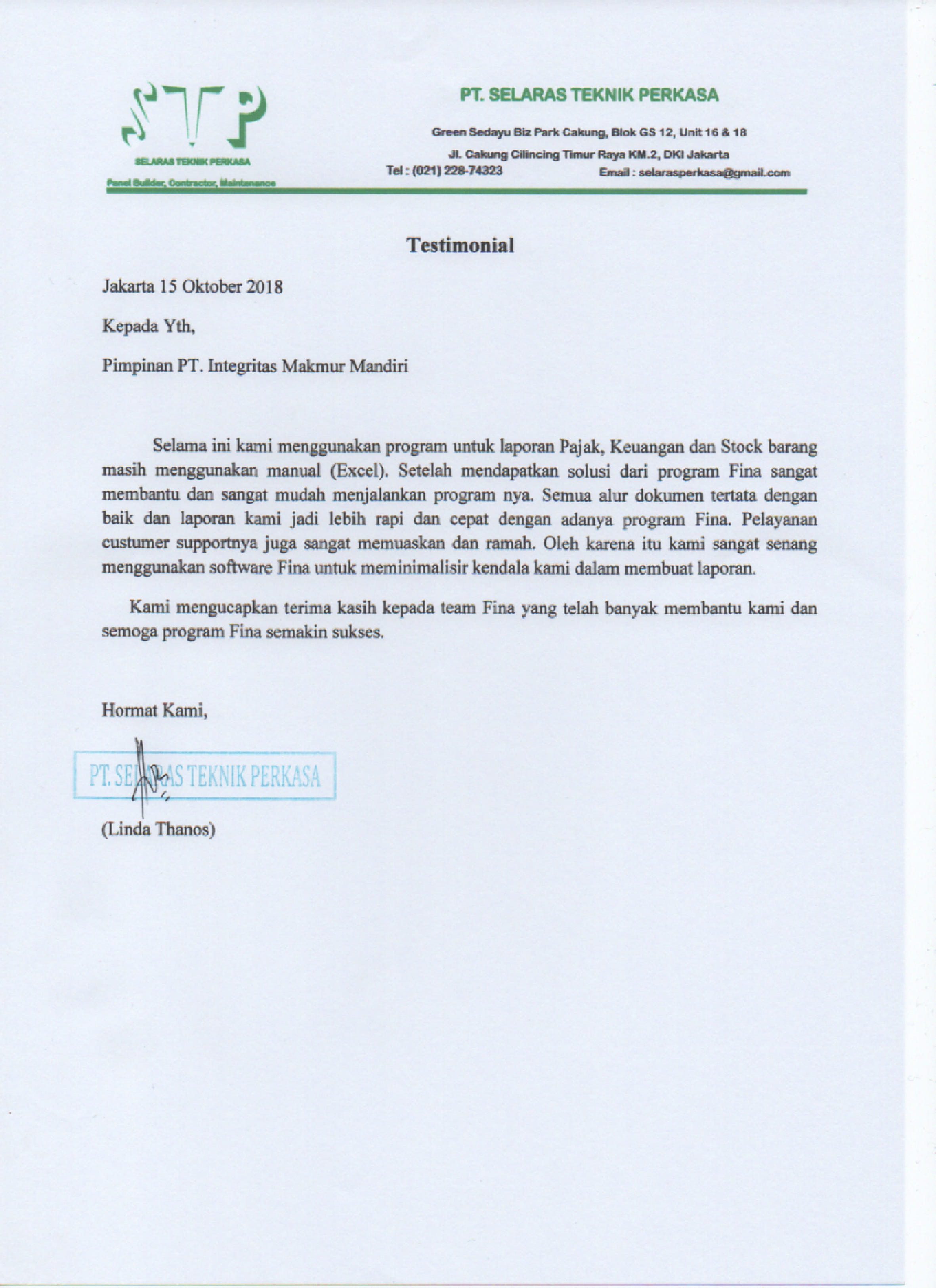 Testimoni dari Linda Thanos  Accounting PT. Selaras Teknik Perkasa