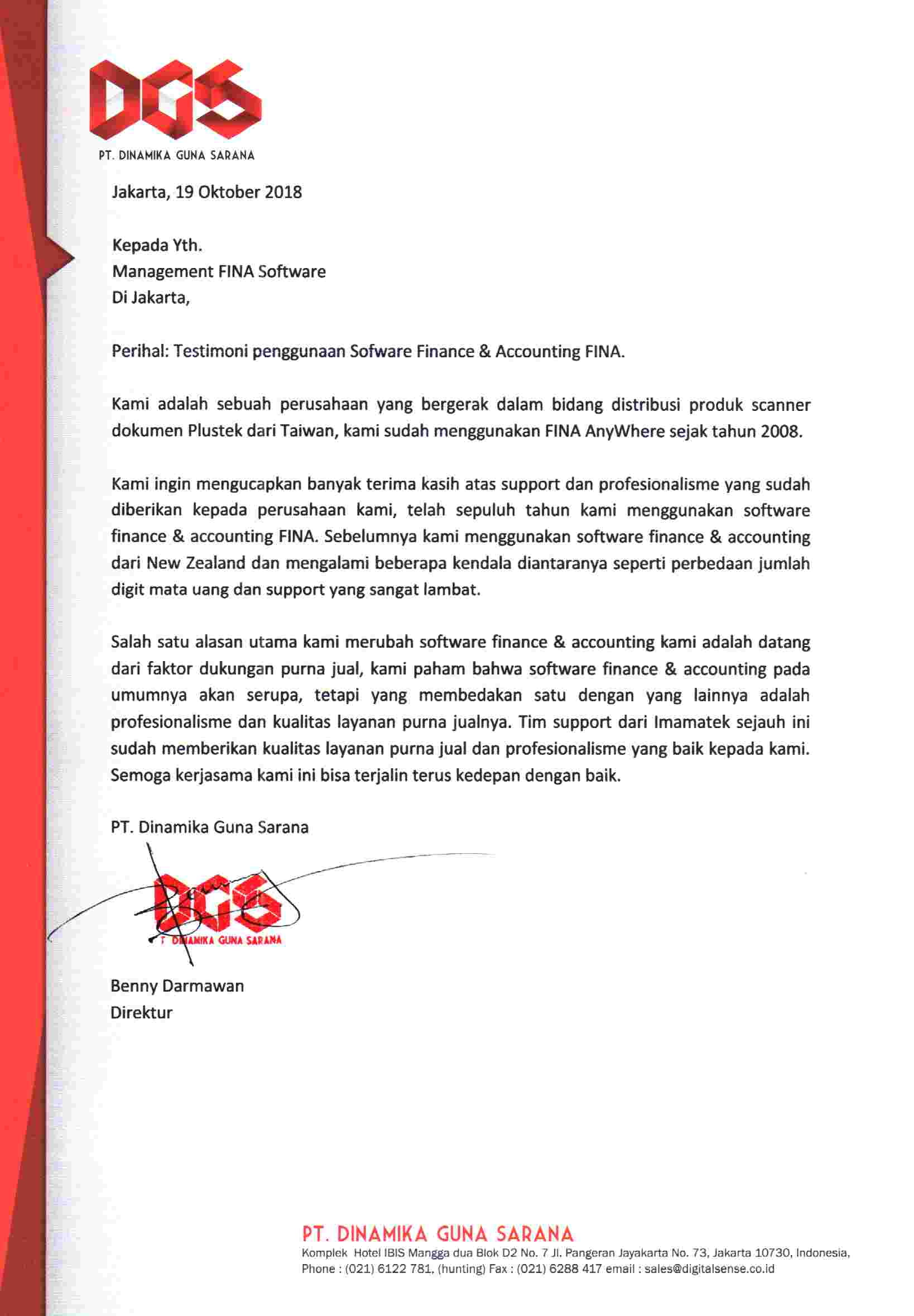 Testimoni FINA Software Akuntansi dari PT Dinamika Guna Sarana