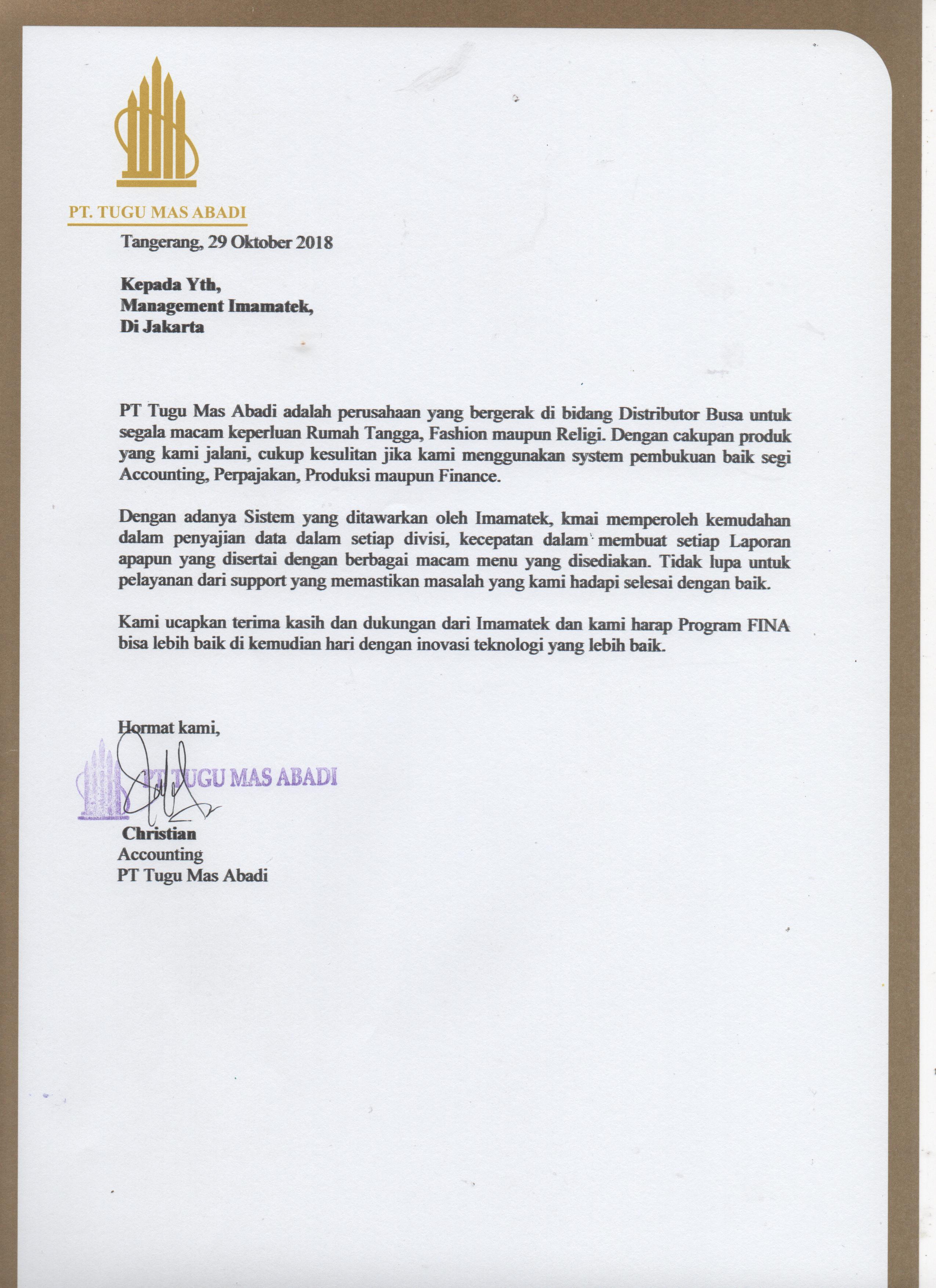 Testimoni FINA Software Akuntansi dari Christian selaku Accounting PT. Tugu Mas Abadi.