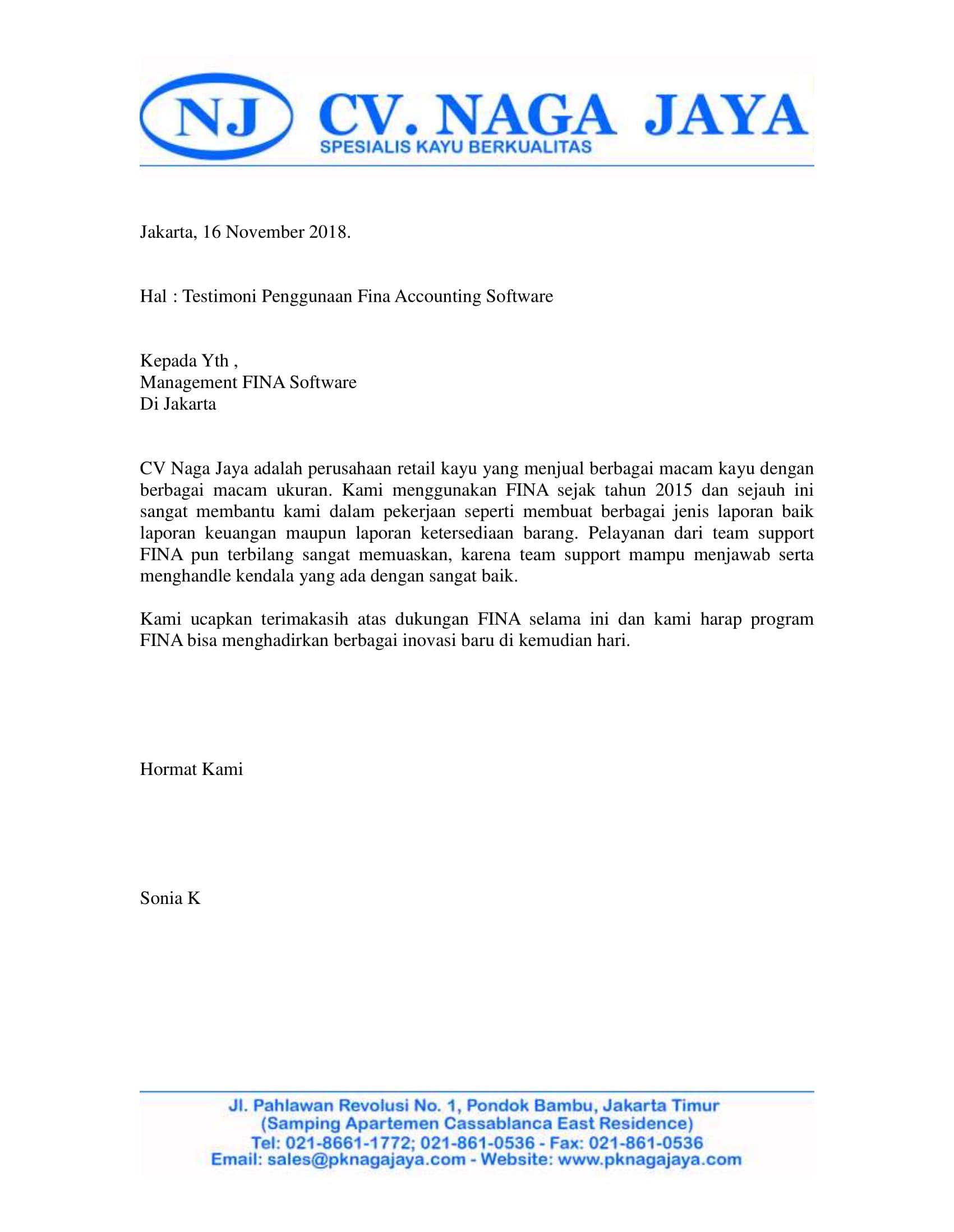 Testimoni FINA Software Akuntansi dari CV Naga Jaya