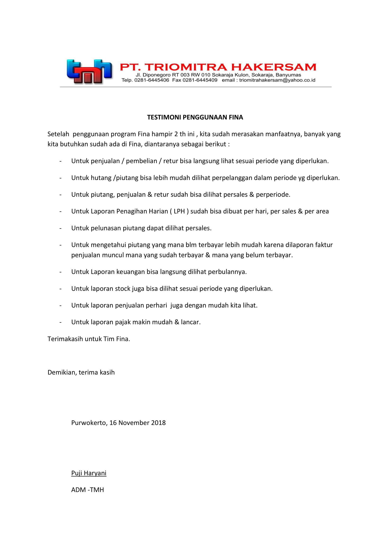 Testimoni FINA Software Akuntansi dari Puji Haryani selaku Staff Accounting PT. Trio Mitra Hakersam