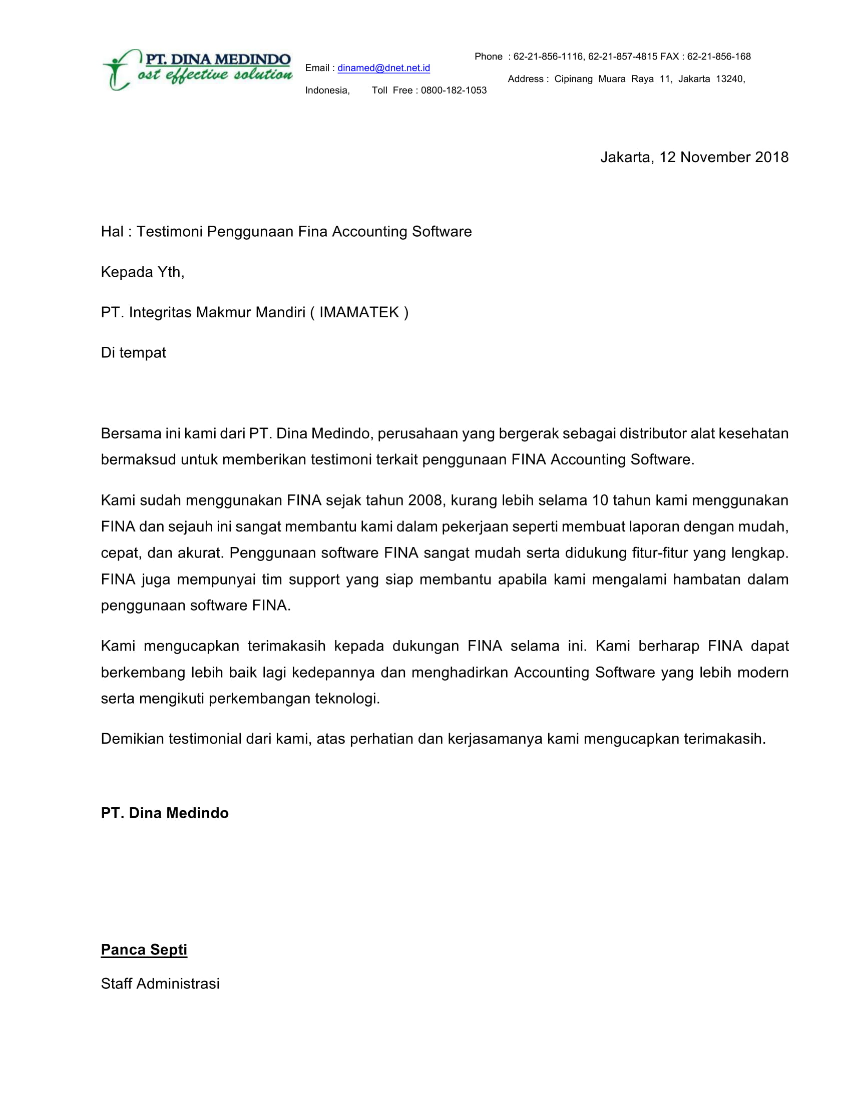 Testimoni FINA Software Akuntansi dari PT. Dina Medindo