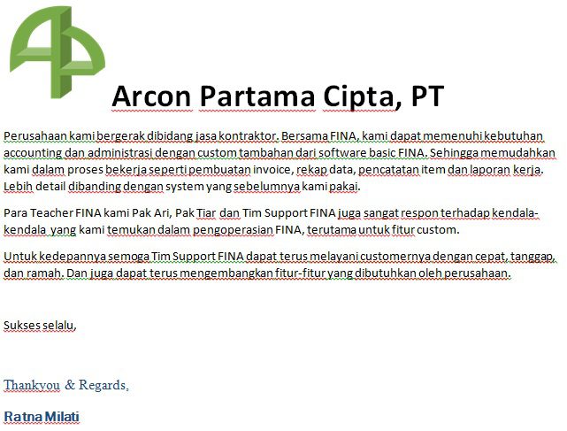 Testimoni FINA Software Akuntansi dari PT. Arcon Partama Cipta