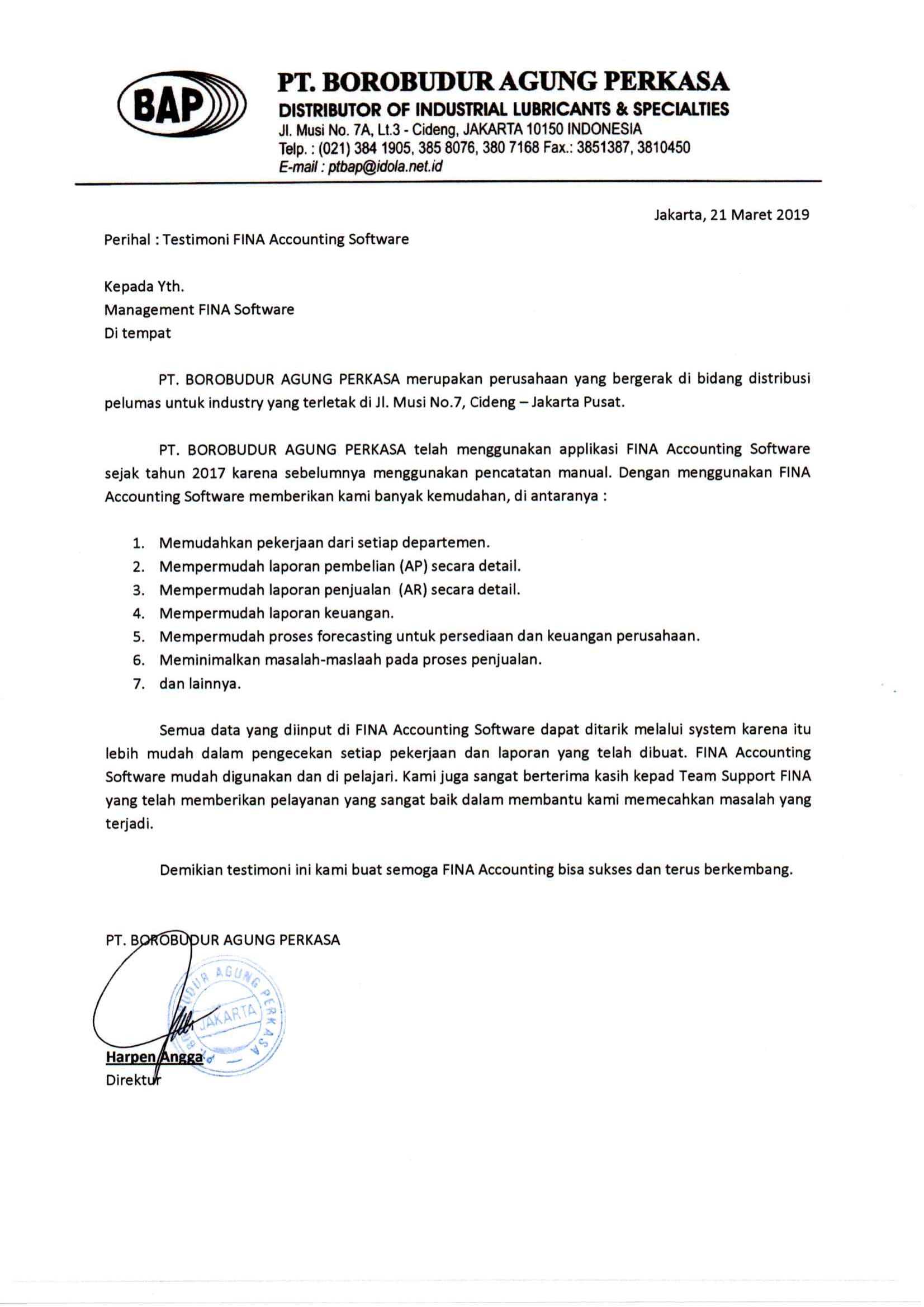 Testimoni FINA Software Akuntansi dari Harpen Angga Direktur PT. Borobudur Agung Perkasa