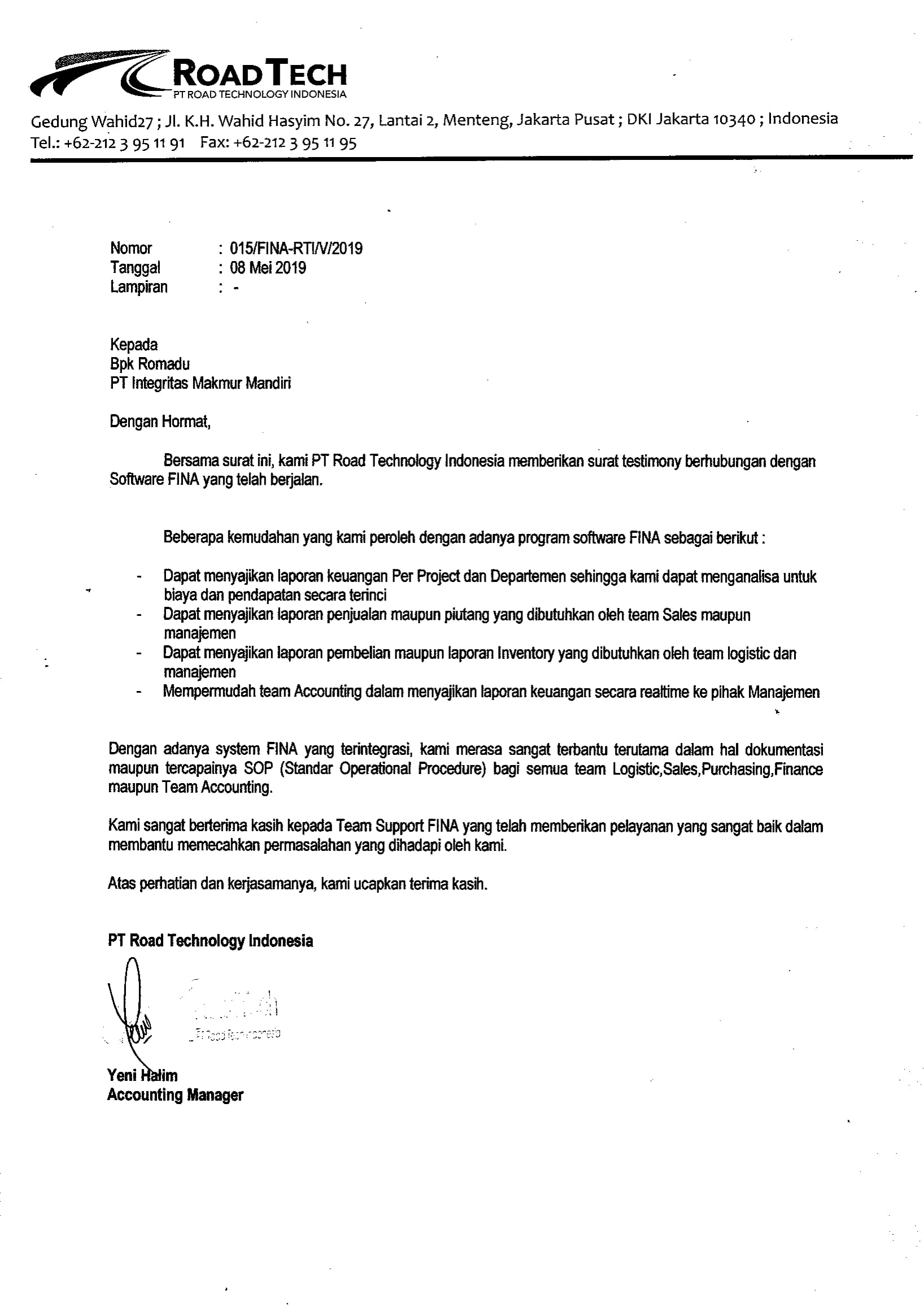 PT. Road Technology Indonesia 1 Testimoni FINA Software Akuntansi dari Yeni Halim Accounting Manager PT. Road Technology Indonesia