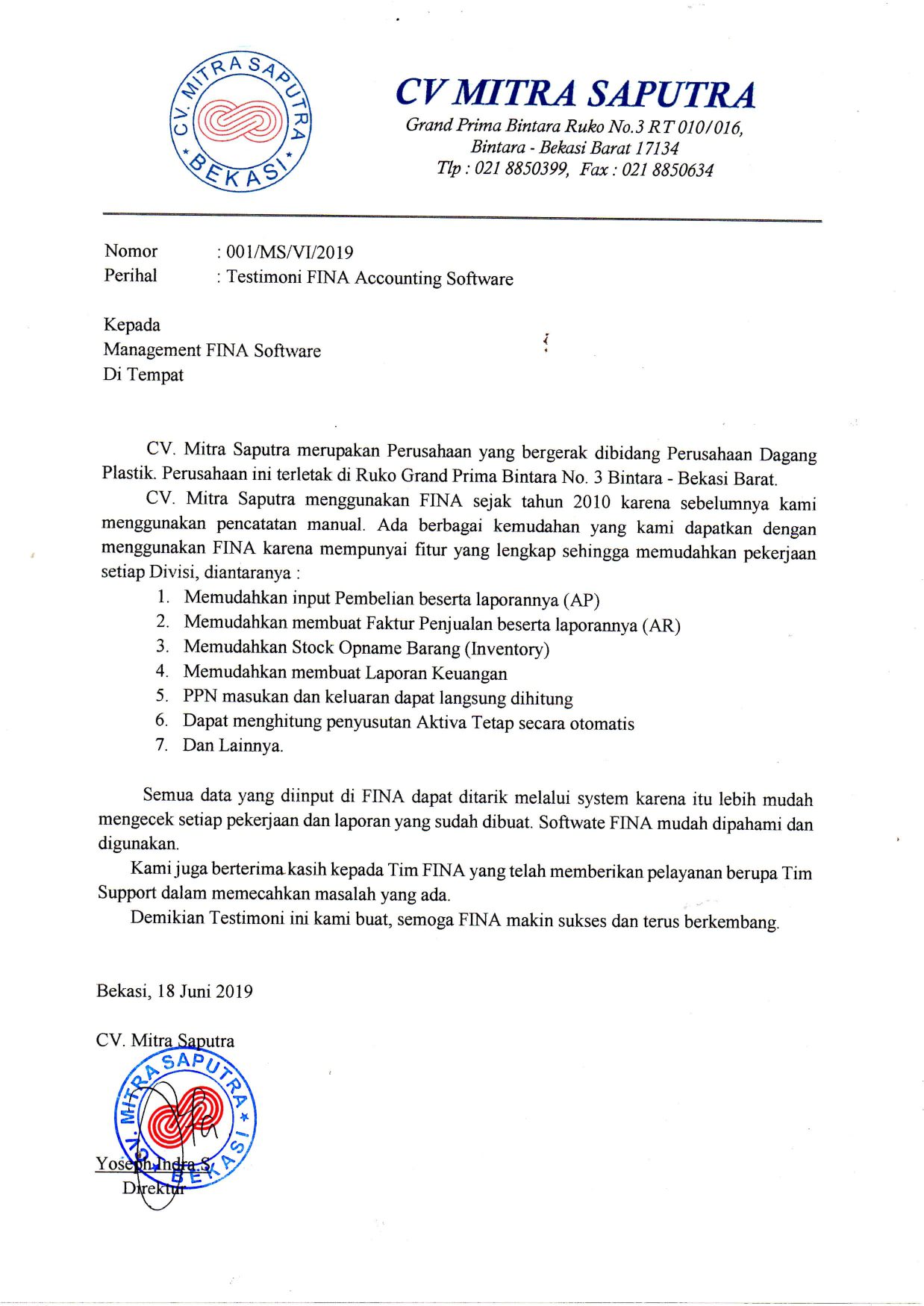 Testimoni FINA dari Yoseph Indra. S Direktur CV. Mitra Saputra