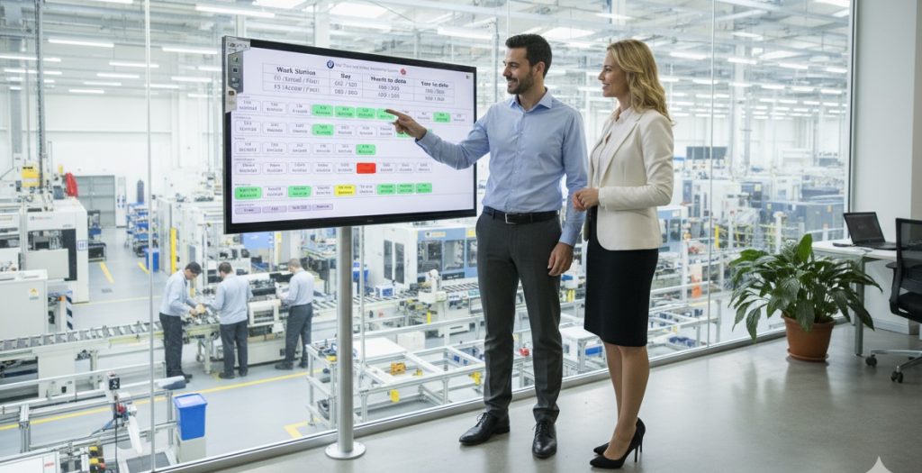 Apa Itu Software Manufaktur? | Panduan Lengkap untuk Mencari Yang Terbaik (2026) 2 ilustrasi dashboard software manufaktur di pabrik